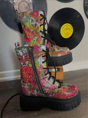Platform Combat Boots in Bright Fairy & Mushroom Print - Women's